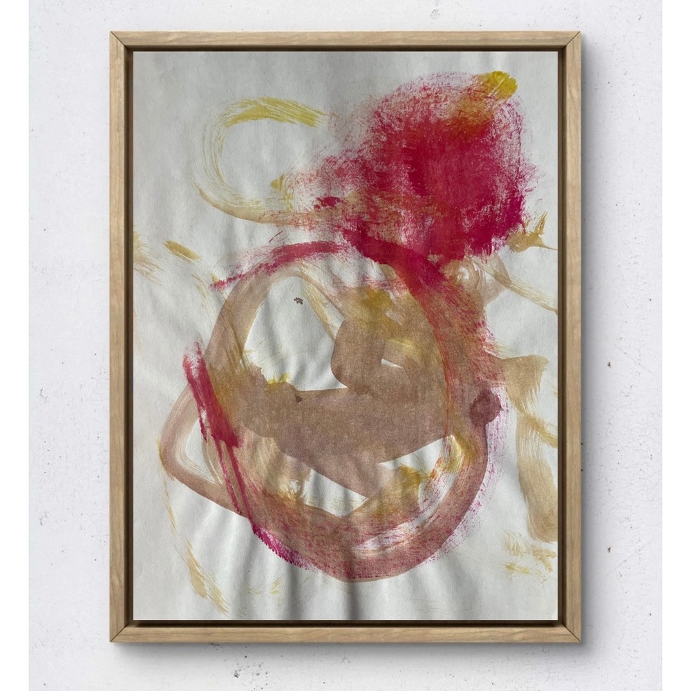 Original Abstract Expressionist Painting Red Gold Circular Motion Paper Fine Art